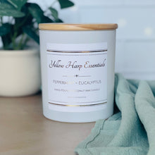 Load image into Gallery viewer, highly scented hand poured coconut wax candle with wood wick reusable white glass jar wood lid peppermint eucalyptus