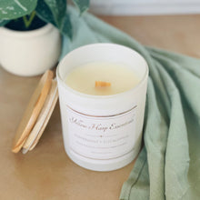 Load image into Gallery viewer, highly scented hand poured coconut wax candle with wood wick reusable white glass jar wood lid peppermint eucalyptus