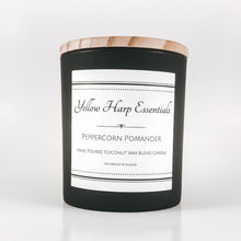Load image into Gallery viewer, peppercorn pomander spiced orange warm spicy fruit fragrance scent candle coconut wax wood wick matte black jar wood lid reusable