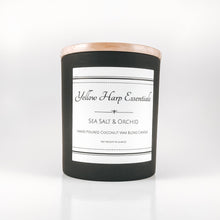Load image into Gallery viewer, sea salt and orchid scented strong fragrance floral coconut wax crackling wood wick matte black jar wood lid reusable