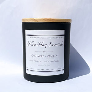 Cashmere vanilla warm sexy sweet highly scented coconut wax candle with crackling wood wick black reusable jar wooden lid