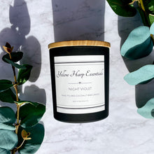Load image into Gallery viewer, Night violet scented candle lemon, bergamot, jasmine, musk, floral black jar wood lid coconut wax candle