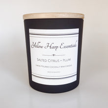 Load image into Gallery viewer, salted citrus and plum fresh fruity sexy masculine ocean airy sea salt woodwick coconut wax black white home decor candle