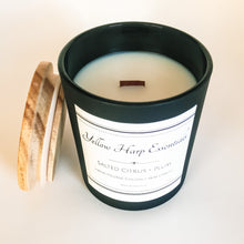 Load image into Gallery viewer, salted citrus and plum fresh fruity sexy masculine ocean airy sea salt woodwick coconut wax black white home decor candle