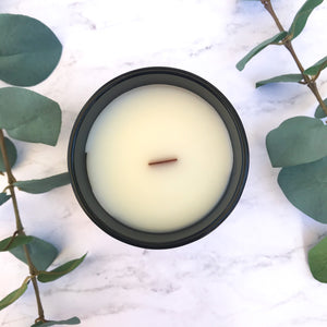 amber sandalwood scented coconut wax wooden wick candle warm earthy ozone amber cedar rich soft scented black jar wooden lid
