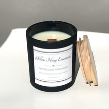 Load image into Gallery viewer, peppercorn pomander spiced orange warm spicy fruit fragrance scent candle coconut wax wood wick matte black jar wood lid reusable