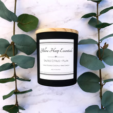 Load image into Gallery viewer, salted citrus and plum fresh fruity sexy masculine ocean airy sea salt woodwick coconut wax black white home decor candle