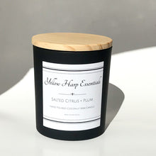Load image into Gallery viewer, salted citrus and plum fresh fruity sexy masculine ocean airy sea salt woodwick coconut wax black white home decor candle