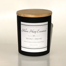 Load image into Gallery viewer, sea salt and orchid scented strong fragrance floral coconut wax crackling wood wick matte black jar wood lid reusable