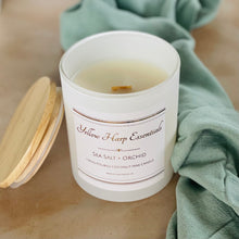 Load image into Gallery viewer, 10 ounce White matte reusable jar with wood lid sea salt orchid scented candle coconut wax wooden wick
