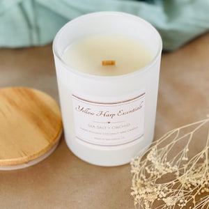 5 ounce White matte reusable jar with wood lid sea salt orchid scented candle coconut wax wooden wick