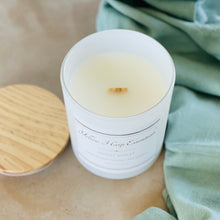 Load image into Gallery viewer, 10 ounce white glass jar wood lid coconut wax candle wood wick highly scented night violet