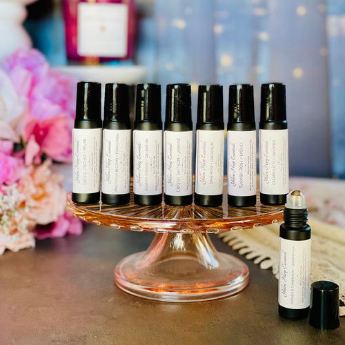high quality hand made rollerball perfume made with fractionated coconut oil, phthalate free fragrance, vitamin e in a sleek black glass rollerball 