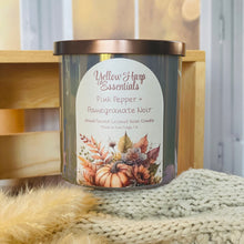 Load image into Gallery viewer, yellow harp essentials coconut wax candle with crackling wood wick in glass jar with metal lid in pink pepper pomegranate scent
