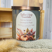 Load image into Gallery viewer, yellow harp essentials coconut wax candle with crackling wood wick in glass jar with metal lid in warm spice and cashmere musk scent
