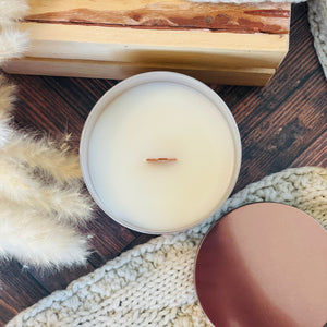 yellow harp essentials coconut wax candle top view of crackling wood wick on fall background