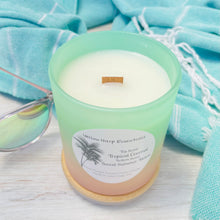 Load image into Gallery viewer, Mint and peach ombre glass jar with reusable bamboo lid highly scented coconut wax candle with crackling wood wick tropical coconut top layer and sweet summer melon bottom layer
