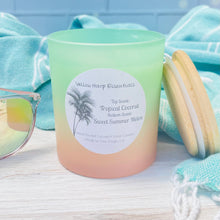 Load image into Gallery viewer, Mint and peach ombre glass jar with reusable bamboo lid highly scented coconut wax candle with crackling wood wick tropical coconut top layer and sweet summer melon bottom layer
