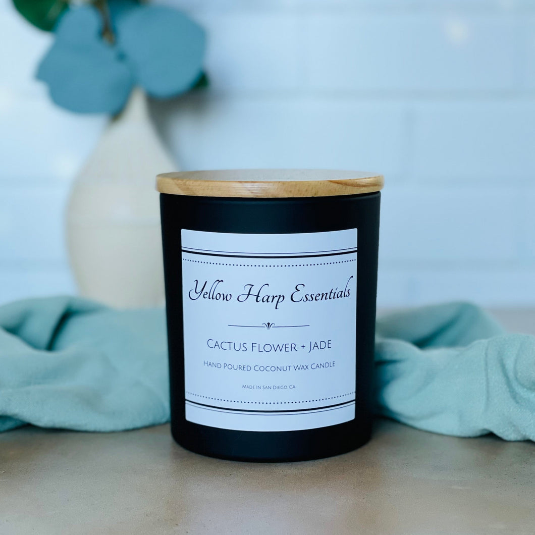 Cactus Flower and Jade highly scented coconut wax candle with crackling wood wick in black jar with wood lid reusable 