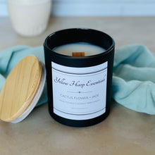 Load image into Gallery viewer, Cactus Flower and Jade highly scented coconut wax candle with crackling wood wick in black jar with wood lid reusable
