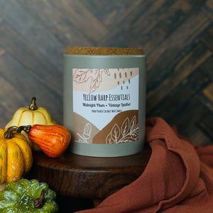 12 ounce hand poured coconut wax candle grey ceramic jar cork lid highly scented midnight plum and vintage leather