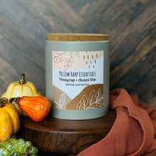 Load image into Gallery viewer, 12 ounce hand poured coconut wax candle grey ceramic jar cork lid highly scented honeycrisp and ancient oak
