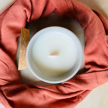 Load image into Gallery viewer, 12 ounce hand poured coconut wax candle grey ceramic jar cork lid highly scented honeycrisp and ancient oak
