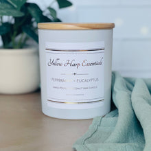 Load image into Gallery viewer, highly scented hand poured coconut wax candle with wood wick reusable white glass jar wood lid peppermint eucalyptus
