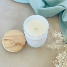 Load image into Gallery viewer, Highly scented hand poured coconut wax candle with crackling wood wick white reusable glass jar wood lid peppermint eucalyptus
