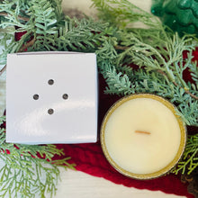 Load image into Gallery viewer, hand poured coconut wax candle with wood wick in gold glitter glass jar with white gift box balsam fir and juniper
