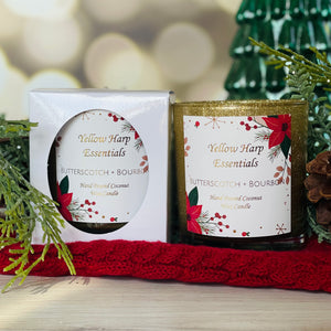 highly scented hand poured coconut wax candle with wood wick gold glitter glass jar white gift box butterscotch and bourbon scent