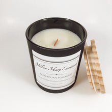 Load image into Gallery viewer, peppercorn pomander spiced orange warm spicy fruit fragrance scent candle coconut wax wood wick matte black jar wood lid reusable
