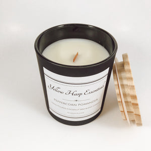peppercorn pomander spiced orange warm spicy fruit fragrance scent candle coconut wax wood wick matte black jar wood lid reusable