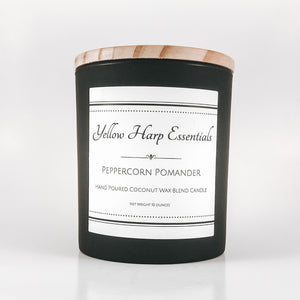 peppercorn pomander spiced orange warm spicy fruit fragrance scent candle coconut wax wood wick matte black jar wood lid reusable