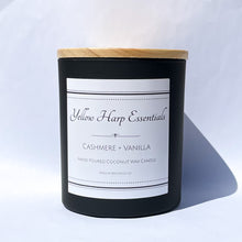 Load image into Gallery viewer, Cashmere vanilla warm sexy sweet highly scented coconut wax candle with crackling wood wick black reusable jar wooden lid
