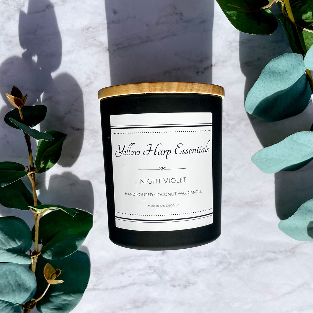 Night violet scented candle lemon, bergamot, jasmine, musk, floral black jar wood lid coconut wax candle
