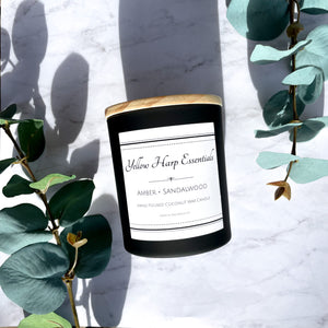 amber sandalwood scented coconut wax wooden wick candle warm earthy ozone amber cedar rich soft scented black jar wooden lid
