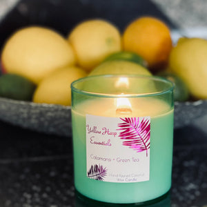 seafoam green glass jar silver metal lid reusable coconut wax candle crackling wood wick lemon lime citrus fresh calamansi green tea