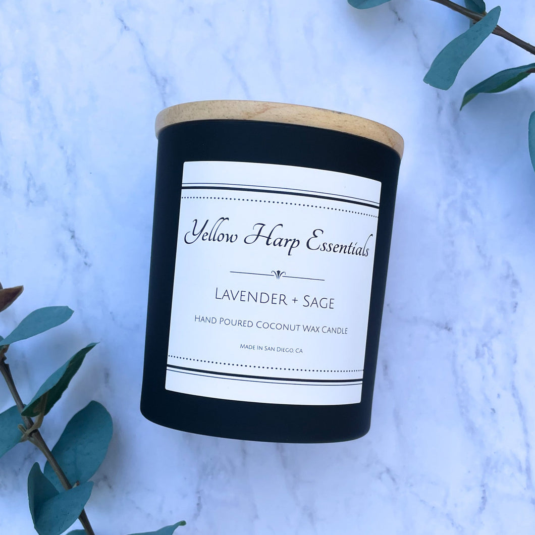 Lavender sage coconut wax candle crackling wood wick long last hand poured herbal fresh green scent black glass jar bamboo lid reusable 