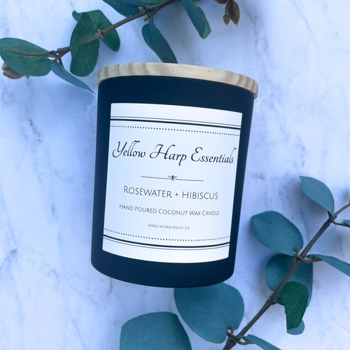 Rosewater hibiscus coconut wax candle crackling wood wick glass black jar bamboo lid fresh dewy floral