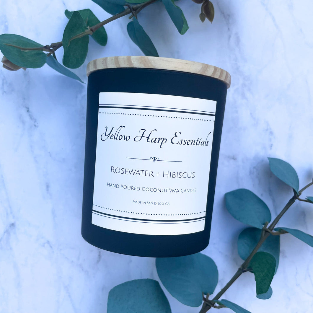 Rosewater hibiscus coconut wax candle crackling wood wick glass black jar bamboo lid fresh dewy floral