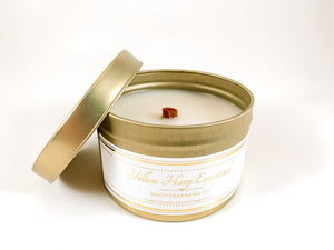 5.5 ounce reusable gold tin with lid wood tube wick coconut wax Mediterranean fig clean burning eco luxury candle