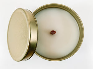 5.5 ounce reusable gold tin with lid wood tube wick coconut wax Mediterranean fig clean burning eco luxury candle