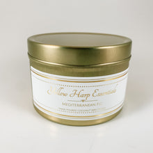 Load image into Gallery viewer, 5.5 ounce reusable gold tin with lid wood tube wick coconut wax Mediterranean fig clean burning eco luxury candle
