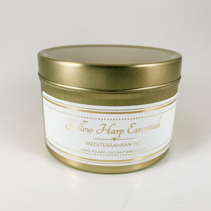 5.5 ounce reusable gold tin with lid wood tube wick coconut wax Mediterranean fig clean burning eco luxury candle