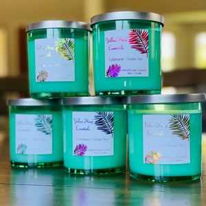 seafoam green glass jar silver metal lid reusable coconut wax candle crackling wood wick lemon lime citrus fresh calamansi green tea