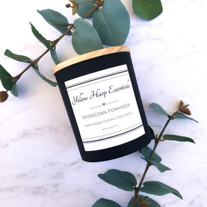 peppercorn pomander spiced orange warm spicy fruit fragrance scent candle coconut wax wood wick matte black jar wood lid reusable