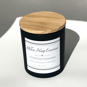 peppercorn pomander spiced orange warm spicy fruit fragrance scent candle coconut wax wood wick matte black jar wood lid reusable