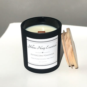 peppercorn pomander spiced orange warm spicy fruit fragrance scent candle coconut wax wood wick matte black jar wood lid reusable