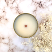 Load image into Gallery viewer, 5.5 ounce reusable gold tin with lid wood tube wick coconut wax Mediterranean fig clean burning eco luxury candle
